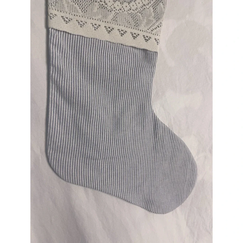 Handmade linen blend blue striped lace VTG style cuff Christmas stocking